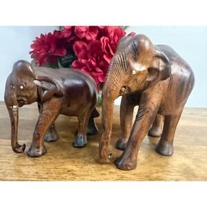 Vintage Hand Carved Wood Elephant Figurines Safari Decor Wood Animal Carving
